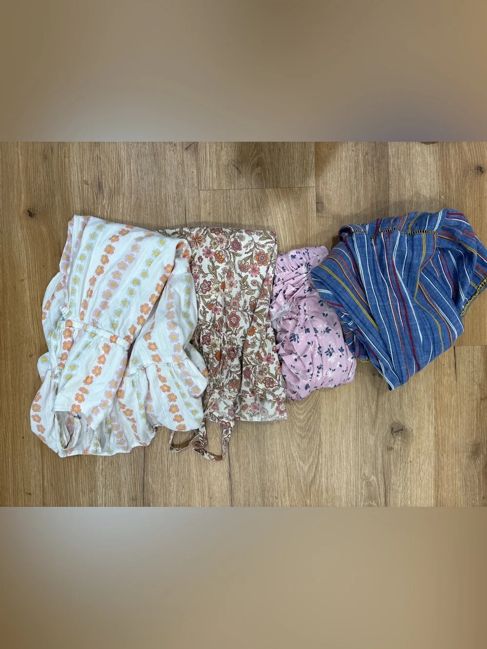 Bundle of 4 Mixed Floral and Striped Summer bohemian dresses  for girl size 8.